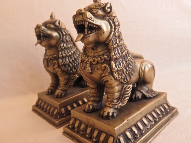 Exquisitely Detailed Brass Temple Lions from Nepal - Click Image to Close