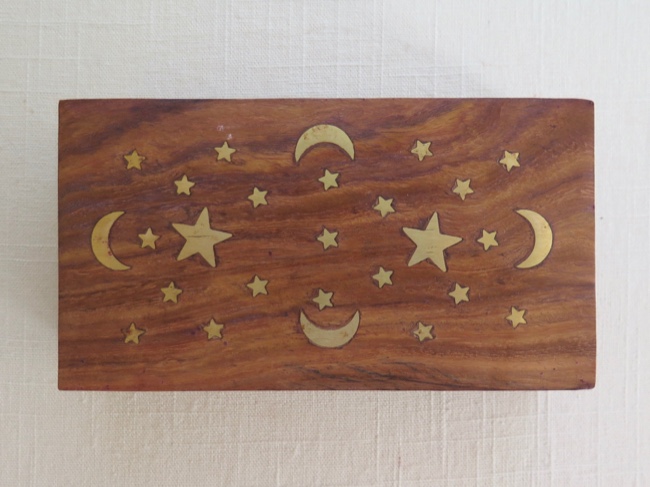Moon and Stars Brass Inlay Wooden Box - Click Image to Close