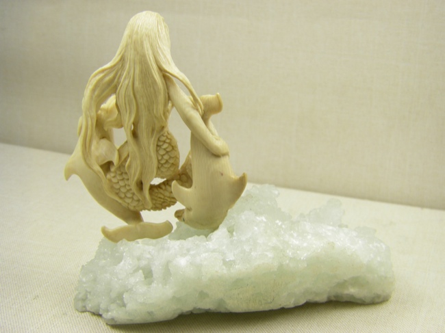 Fossil Ivory Mermaid on Natural Crystal Cluster - Click Image to Close