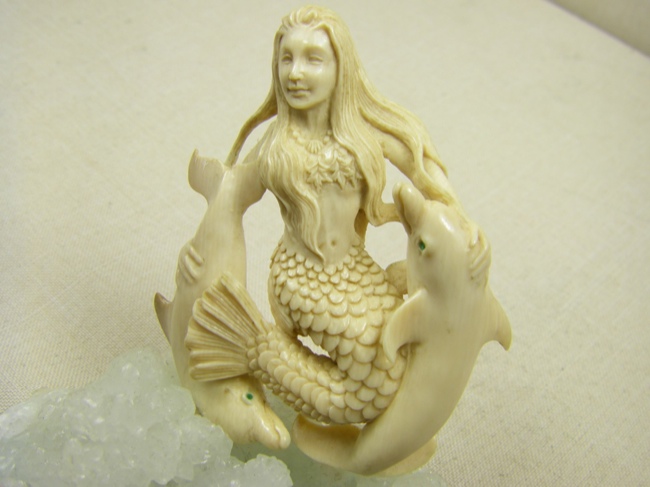 Fossil Ivory Mermaid on Natural Crystal Cluster - Click Image to Close