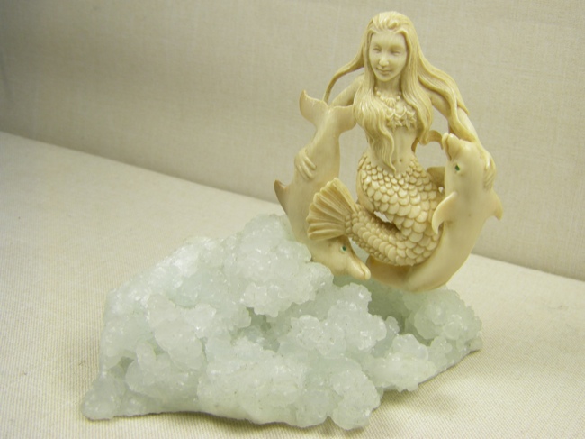 Fossil Ivory Mermaid on Natural Crystal Cluster - Click Image to Close