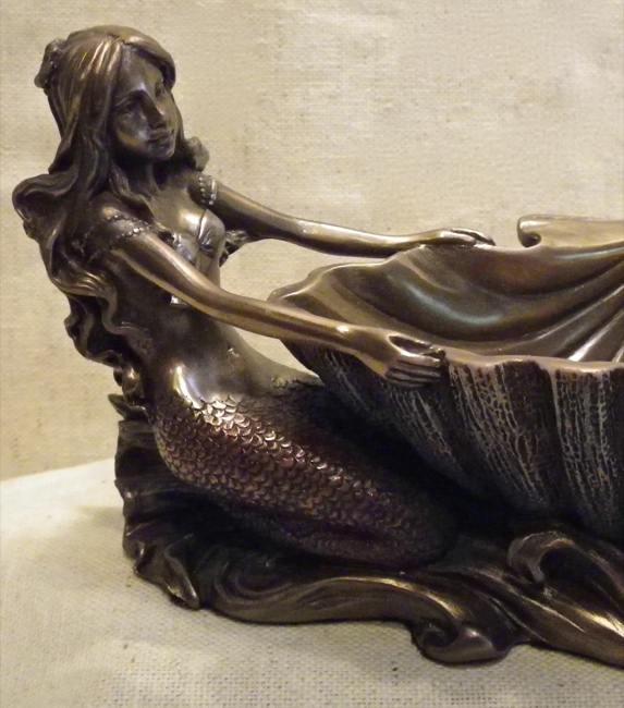 Cold Cast Bronze Double Mermaids and Shell Bowl - Click Image to Close