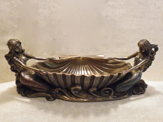 Cold Cast Bronze Double Mermaids and Shell Bowl - Click Image to Close